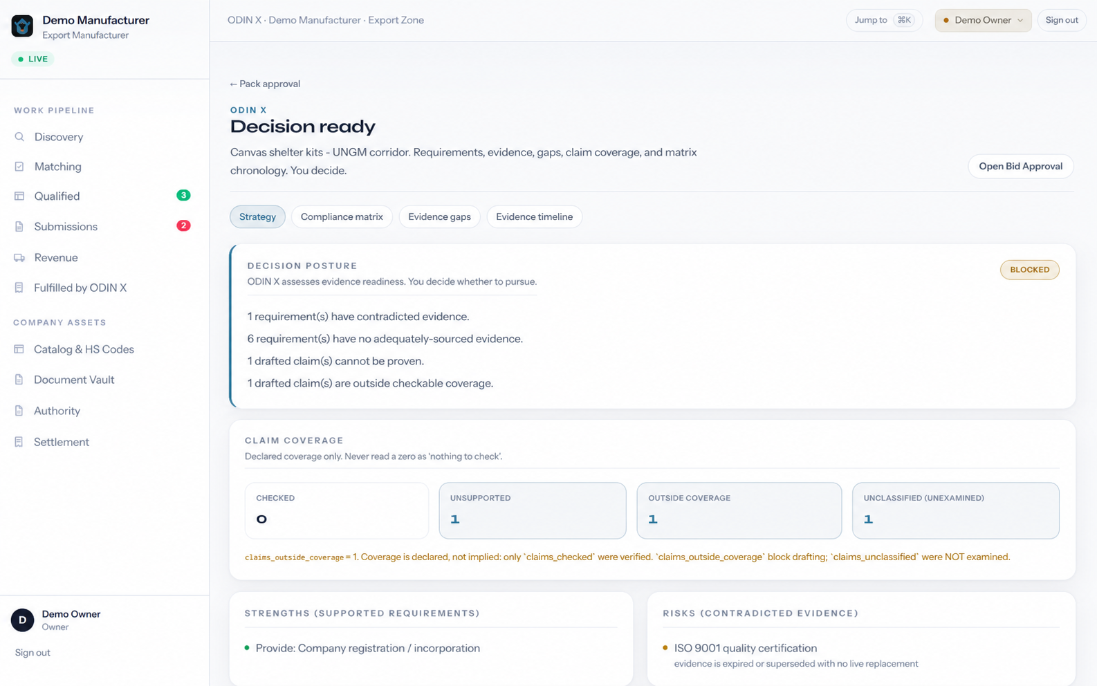 ODIN X decision-ready product surface showing a blocked pursuit and evidence risks